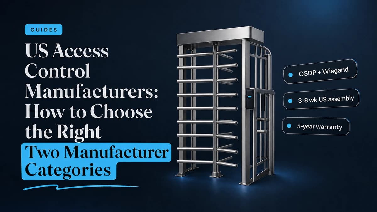 Editorial graphic for US Access Control Manufacturers: How to Choose the Right Category, showing a full-height turnstile with a mounted card reader and spec chips for OSDP + Wiegand, 3-8 wk US assembly, and 5-year warranty