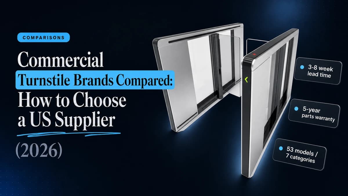 Gatestile Vision Edge speed gate product render beside floating spec chips reading 3-8 week lead time, 5-year parts warranty, and 53 models across 7 categories