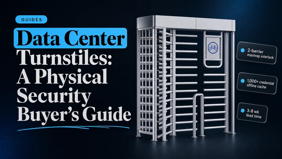 Editorial graphic for Data Center Turnstiles: A Physical Security Buyer's Guide, showing a full-height turnstile with mantrap interlock, offline credential cache, and lead time spec chips