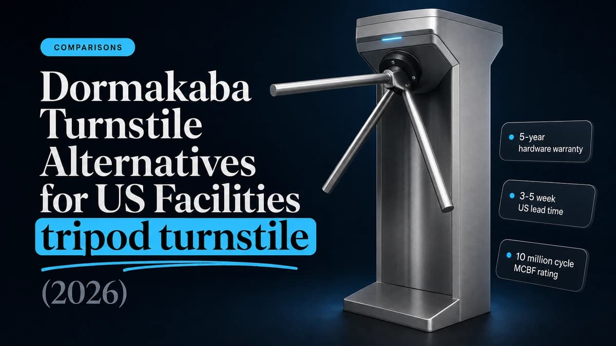 Gatestile tripod turnstile product render beside floating spec chips reading 5-year hardware warranty, 3-5 week US lead time, and 10 million cycle MCBF rating