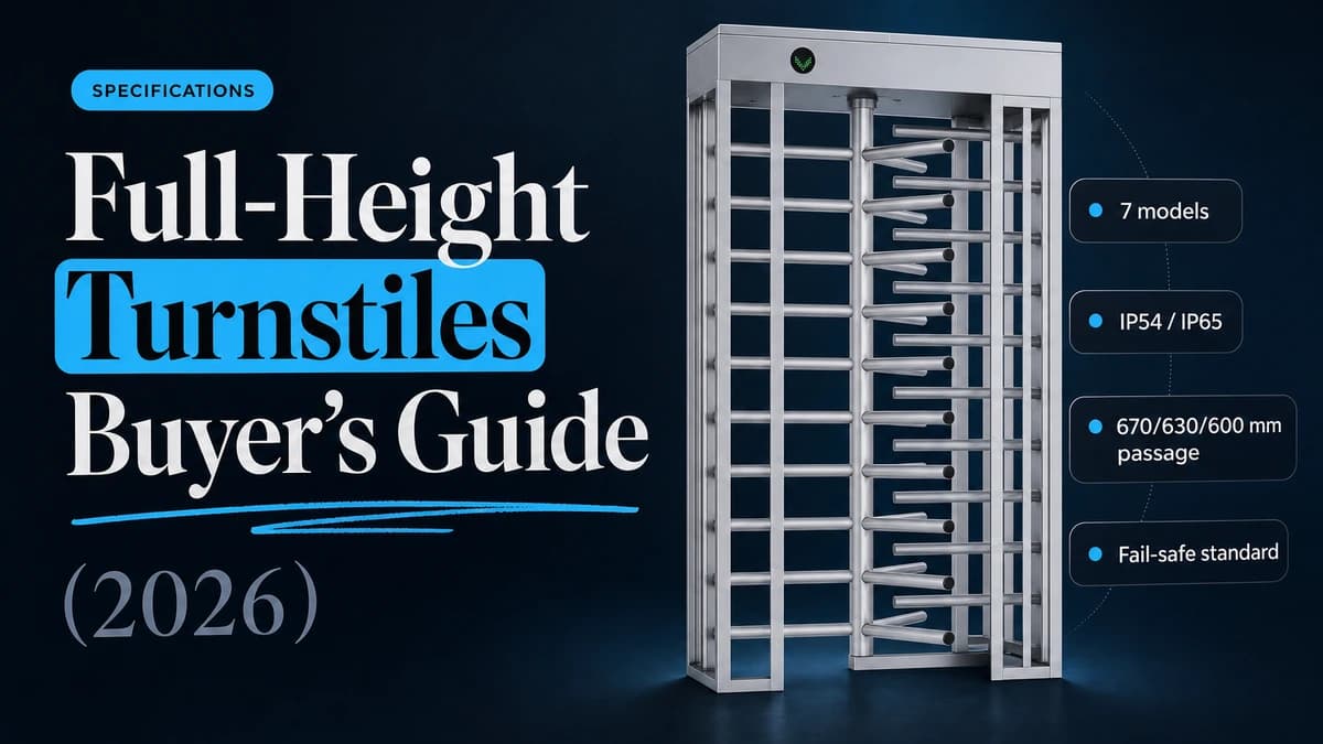Stainless full-height turnstile beside spec callouts: 7 models, IP54/IP65, 670/630/600 mm passage, fail-safe standard