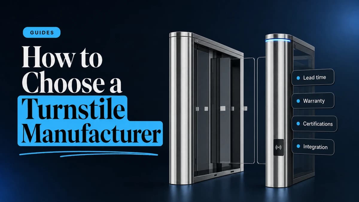 Speed gate hardware beside a manufacturer evaluation checklist: lead time, warranty, certifications, integration
