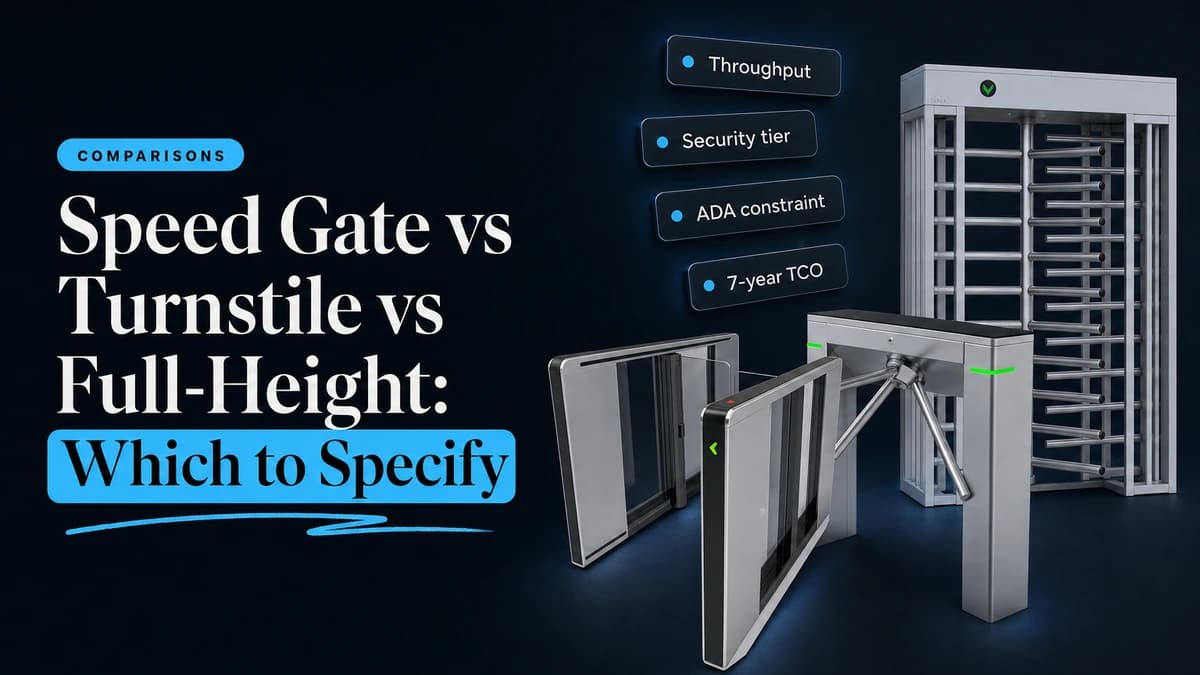Speed gate, tripod, and full-height turnstile classes with specifier decision criteria chips