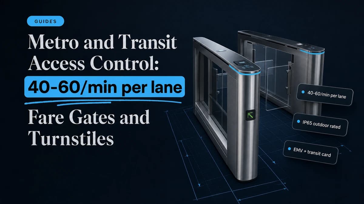 Illustration of a swing-gate turnstile lane with blueprint-style dimension lines, labeled with 40-60/min per lane throughput, IP65 outdoor rating, and EMV plus transit card fare integration