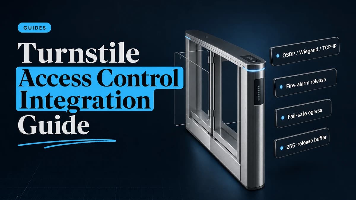 Speed gate lane with integration callouts: OSDP, Wiegand, TCP-IP, fire-alarm release, fail-safe egress