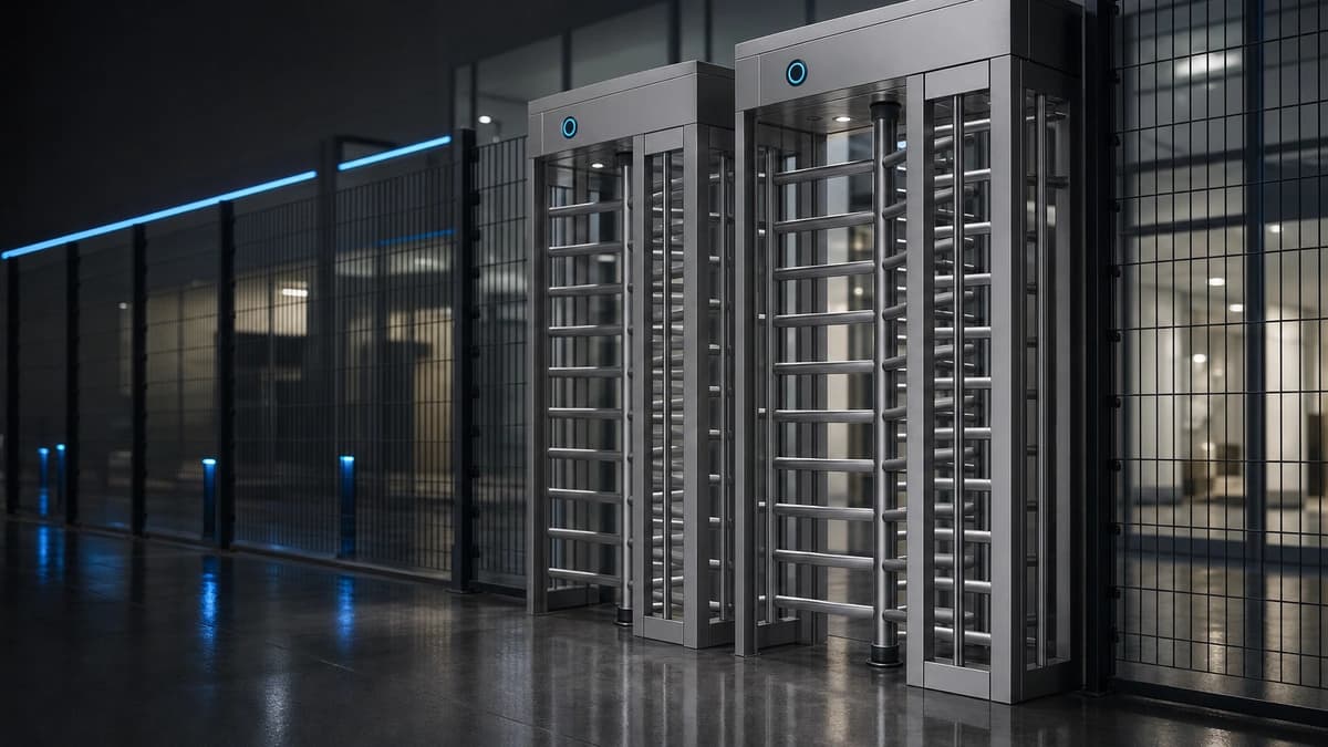 Gatestile Full-Height Turnstile in a industrial perimeter setting, deployment visualization