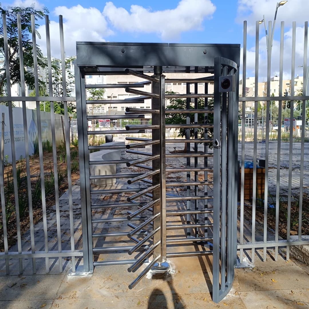 Gatestile Full-Height Turnstile in a data center yard setting, deployment visualization