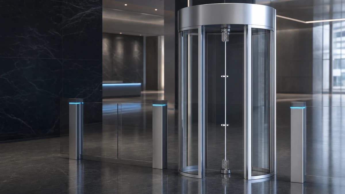 Gatestile Glass Rotating Turnstile in a bank headquarters lobby setting, deployment visualization