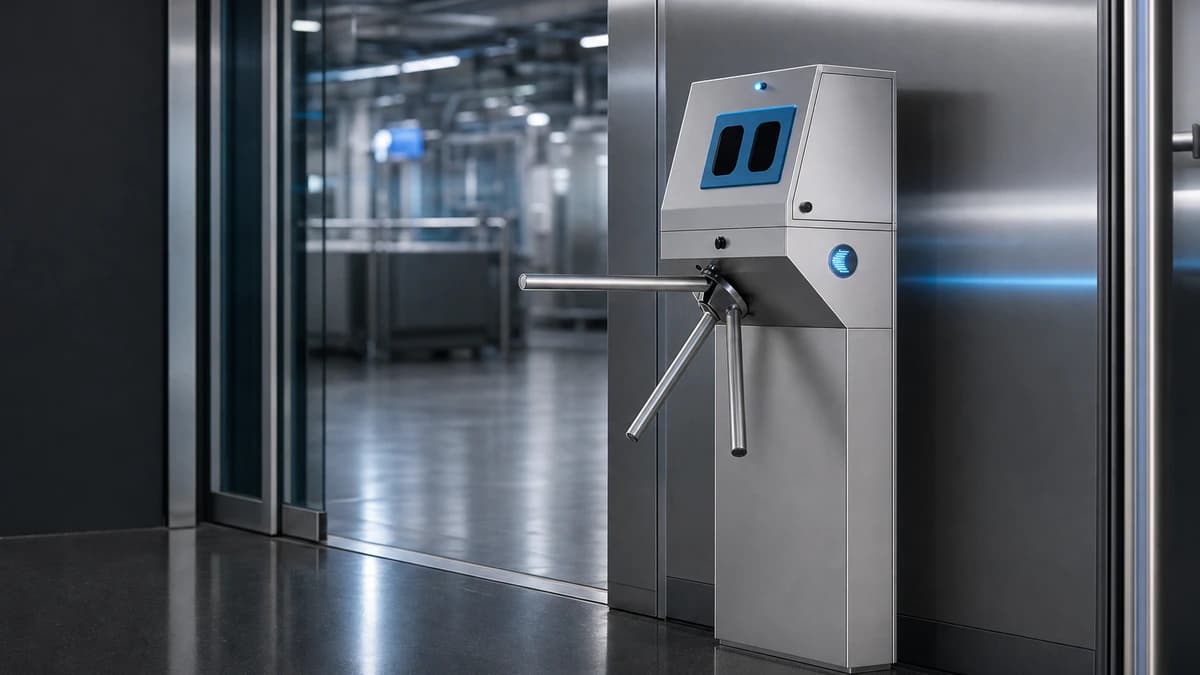 Gatestile Sanitary Barrier in a food processing entry setting, deployment visualization
