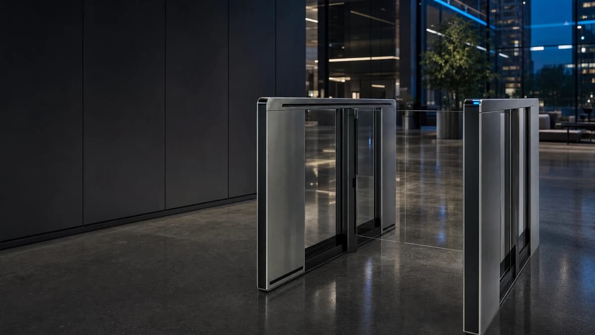 Gatestile Speed Gate in a financial services lobby setting, deployment visualization