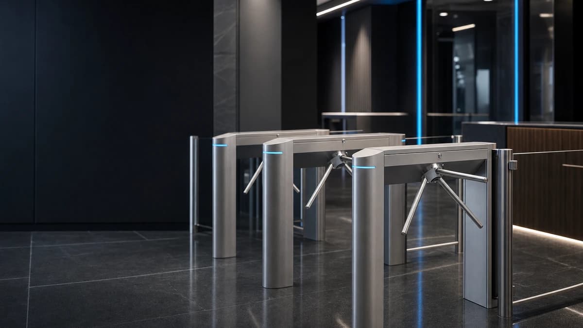 Gatestile Tripod Turnstile in a fitness club entry setting, deployment visualization