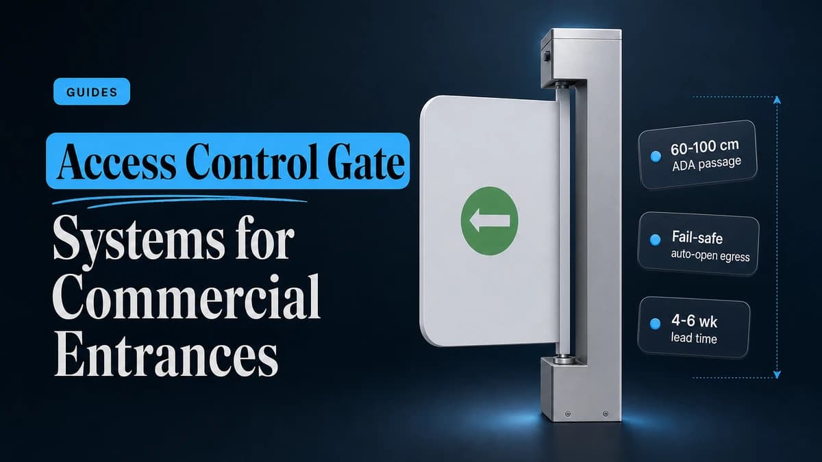 Editorial graphic for Access Control Gate Systems for Commercial Entrances, showing a Gatestile SG 112 ADA swing gate with passage width, fail-safe egress, and lead time spec chips
