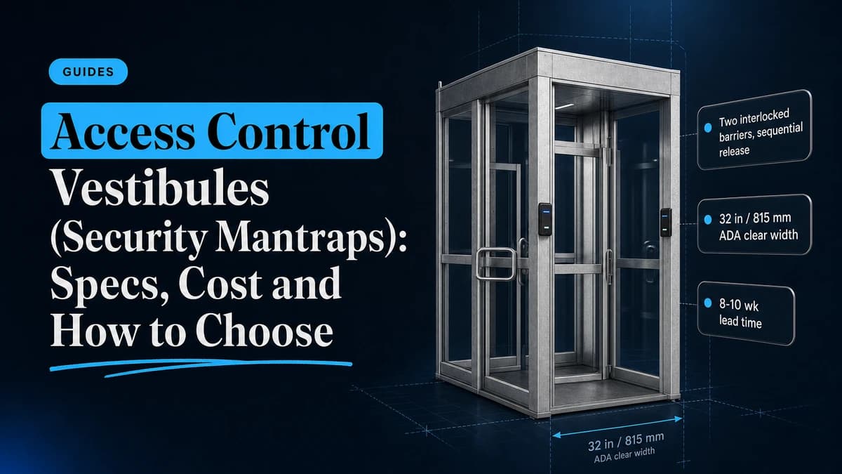 Illustration of an access control vestibule enclosure with interlocking glass doors, labeled with two interlocked barriers, 32 in / 815 mm ADA clear width, and 8-10 wk lead time
