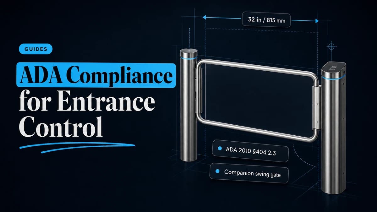 ADA swing gate with a 32 in / 815 mm clear-width dimension callout and ADA 2010 section 404.2.3 reference